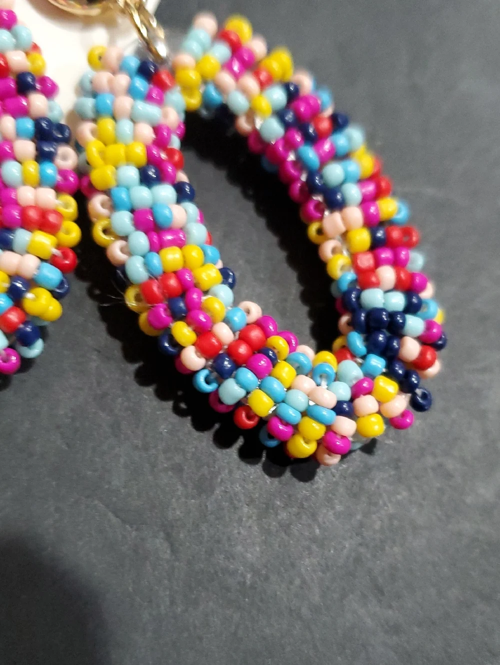 Lucky Brand multi-colored beaded gold stamped oversized oval two tiered earrings